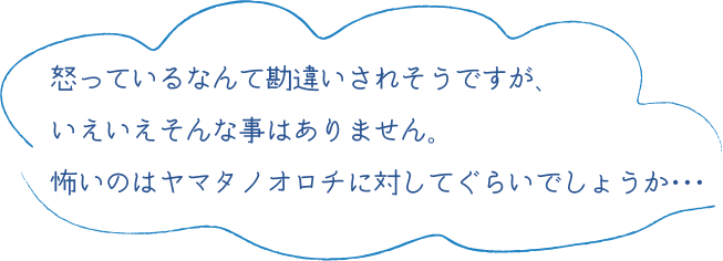 怒っているなんて勘違いされそうですが、いえいえそんな事はありません。怖いのはヤマタノオロチに対してぐらいでしょうか